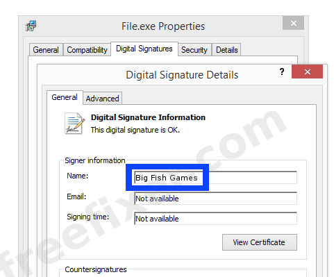 Screenshot of the Big Fish Games certificate